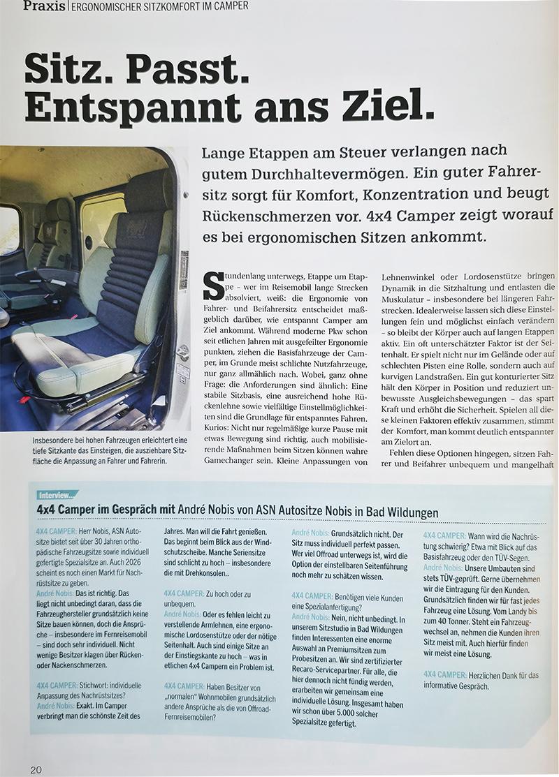 Interior of a camper van showing ergonomic captain chairs beside an article about comfort on long trips.
