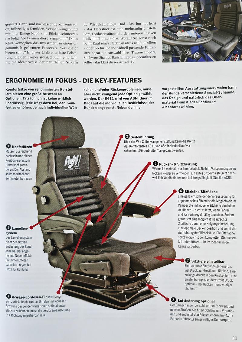 Infographic of a labeled, adjustable car seat (ASV) showing features: headrest, lumbar support, slide/tilt controls, seat cushion, and seating comfort adjustments with numbered callouts.