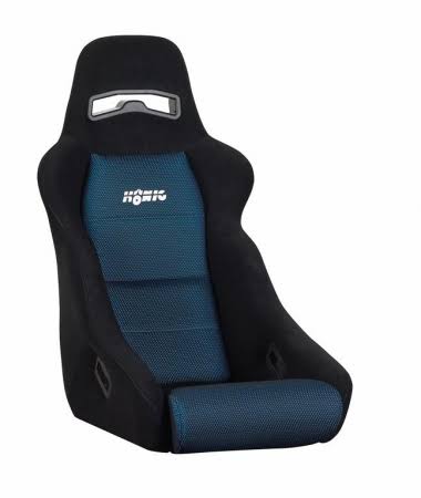 sportsitz-cp-700 ► Autositze Nobis Black bucket racing seat with blue fabric insert, integrated headrest cutout, and harness holes.